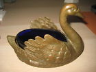 2494 Vintage Brass Swan Bowl With Cobalt Blue Glass Insert