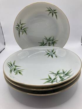 Aic25 Aichi 4 China Soup / Salad Bowls White Bamboo Gold Trim 7.5 Inch Dia Japan