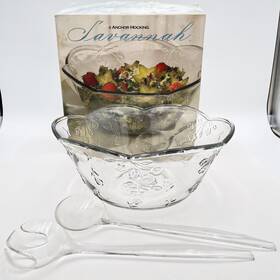 86106 Anchor Hocking Savannah 3 Pc Glass Salad Serving Bowl Set 12 In Fork Spoon