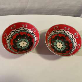 22h071 Anthropologie Pair Of Red Floral Footed 6 Inch Soup Cereal Rice Bowls Elka Ayaka