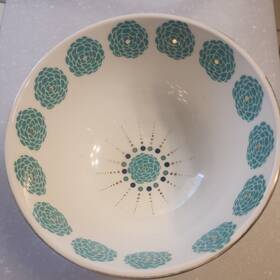 47747969 Anthropologie Didion Bowl Floral Motif Pastel Aqua Dark Blue Band Gold Accents