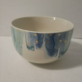 I43868611 Anthropologie Night Sky Bowl Stoneware Blue Teal Drip Watercolor Wash Gold Star