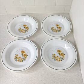Arp3 Arcopal France Arc Soup Bowls 4 Yellow Flowers Rimmed 8 1/2 Inch Vintage