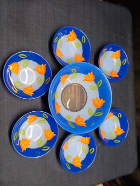 Arcoroc 026102794050 Made In France 7 Set Of Matys Pattern Blue Serving Bowls Orange Tulips