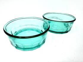 18-b9 Arcoroc 2 Vintage Teal Glass Bowl Thumbprint Cereal Fruit Salad France Lids