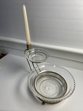 Dd23 Arcoroc Vintage Round Glass Bell Shaped Chip And Dip Bowls Set With Candle Holder