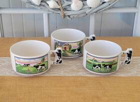 080525-ms.99ea Artmark China Holstein Cows In Pasture With Church And Farmhouse Cow Handle Soup Mugs 3-pc