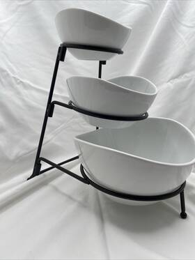 B. Smith 727870813652 3-tier Appetizer Bowl Set White Porcelain Bowls With Iron Stand Sold As Is