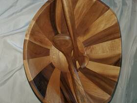 B. Smith 798837333124 3-piece Wood Salad Bowl Server Set With Spoon And Fork Curved Sides
