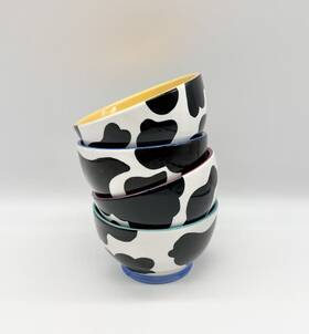 Bj021018 Ben & Jerry S 2006 And Ceramic Woody Jackson Cow Spot Ice Cream Bowls Set Of 4