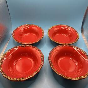 Biz12 Bizzirri Set Of 4 Small Ceramic Bowls. Red With Gold Scrolling
