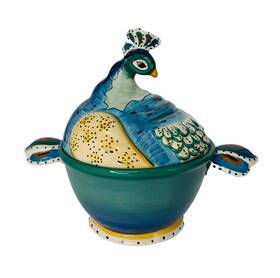 Blue Sky 809663190710 Clayworks Peacock Shape Casserole Dish Bowl Heather Goldminc Pottery