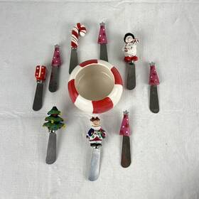 Boston Warehouse 047256070869 Vintage Ceramic Dip Bowl With 9 Spreaders Christmas Peppermint Candy Holiday Theme