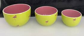 Hh-578 Boston Warehouse 3 Nesting Bowls Green With Pink Flamingos 2006