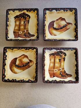 1931 Clay Art Set Of 4 6.5 Inch Western Plains Cowboy Boots And Hat Snack Salad Bowls