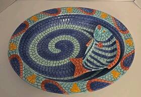 9852 Clay Art 1995 Mosaic Fish Chip And Dip Set Hand Painted Bright Colors