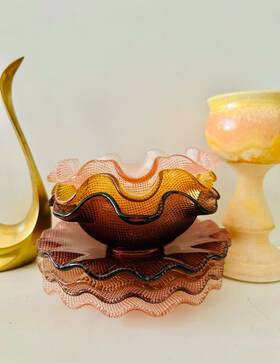 Ff72 Colony Set Of 3 Vintage Antique Glass Waffle Bottom Berry Colorful Bowl