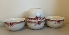 Cuj1 Country Living Soup Bowls Red Gingham Flowers Roses Polkadots 4 N Set 6 Inch Across