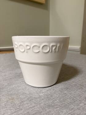 256439 Crate And Barrel Ceramic Popcorn Bucket Individual Serving White Raised Letters