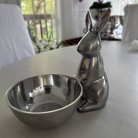 323-182 Crate And Barrel Easter Bunny With Attached Bowl Shiny Silver Finish Aluminum 7 Inch