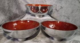 405-787 Crate And Barrel Red Bowl Enamel 3pc Pedestal Cereal Dish Bowls Mid Century Modern