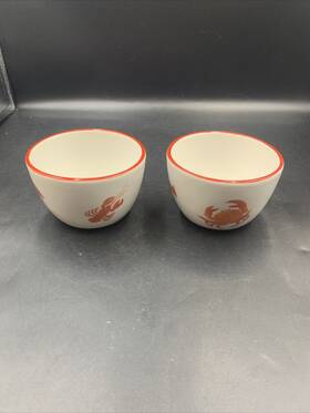 M0324 Crate And Barrel Lobster Crab Butter Warmer Bowl Orange White Set Of 2