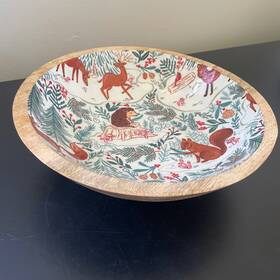 Creative Co-op Xs5486 Hand Painted Kenzie Kae Mango Wood Bowl W Enamel Inner 10 In Cottagecore Forest