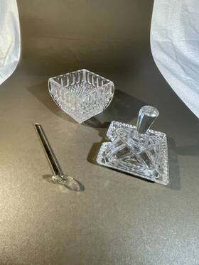 Crystal 759735005629 Clear Cut Lead Sugar Bowl Square Lid Spoon Slot Crosshatch Facets 404