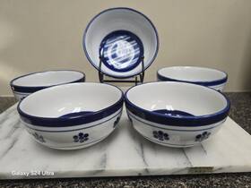 Dan81 Dansk Lot Of 5 Cereal Bowls 5.25 Inch X 2 3/8 White Cobalt Blue Stripes And Flowers