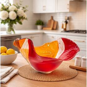 Diamond Star Corp 872602553266 Art Glass Swirl Bowl Red Orange Yellow Hand Blown Decorative Centerpiece