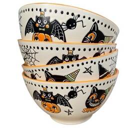 77171 Eli Ana Halloween Creep Show Ceramic Bowls Cat Jol Bat Soup Cereal Set Of 4