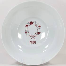 Fnhl1415 Food Network Holiday Linzer 11 Inch Round Serving 2.5 Quart Bowl Red Silver Merry Wreath