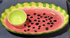 Gibson 085081592613 Melon Delight Ceramic Watermelon Serving Platter Bowl Chip N Dip Set