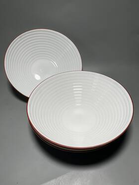 Gibson 085081599803 Ultra Ridged Beehive Bowls 7 Inch White Tempered Opal Glass Red Rim Set Of 4