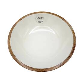 113949.01 Gibson Laurie Gates White Enameled Bowl With Natural Mango Wood 12 Inch Diameter