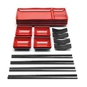 Goliber 060864150537 Sushi Serving Set Plate Soy Sauce Dish Chopsticks Red For 4