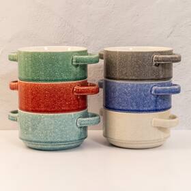 6-gourmet Gourmet Basics By Mikasa 22778 Basics/ Emma Soup Bowls Speckled Stoneware Double Handles