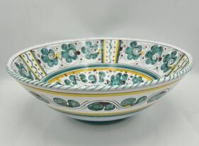 As-2915 Handmade Orvieto Green Rooster Large Salad Bowl Majolica 13 Inch Diameter Deruta Of Italy