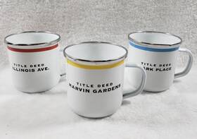 Hasbro 097-03-0280 3 Porcelain Enamelware Deluxe Monopoly Title Deeds Mugs Cups