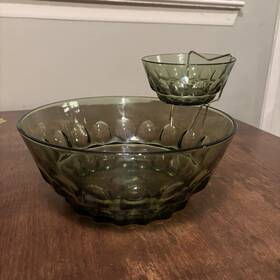 A6370 Hazelware Vtg Reflection Glass 3-pc Chip-n-dip Set Green Avocado