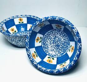 Him9 Himark Bowl Cereal Soup Blue Spongeware Yellow Flowers Made In Portugal Set Of 2