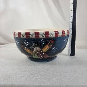 9085084 Hobby Lobby Country Snow Boys Christmas Ceramic Bowl Candy Cane Rim Snowflakes