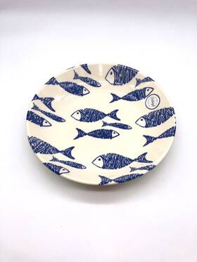 95358 Home Essentials Blue Fish White Dinner Pasta Salad Bowls Ceramic 9.5 Inch Portugal Farmhouse Swim