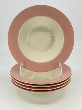 H55-n5 Homer Laughlin 5 1956 Cavalier Eggshell Pink Rim Berry Bowls 6 Inch D Rare