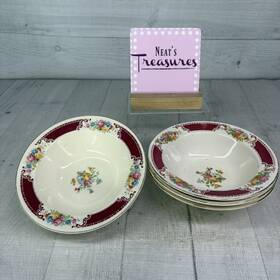 Hl1060 Homer Laughlin Mcm Red Insets Pink Blue Yellow Flowers Cereal Bowls Set 4