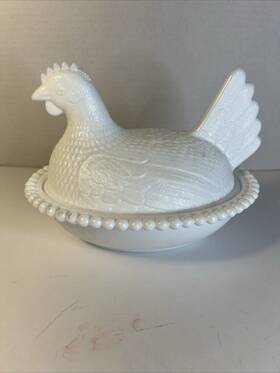 Bb03 Indiana Glass Candy Dish Chicken Hen On Nest White 7 Inch Vintage Vtg