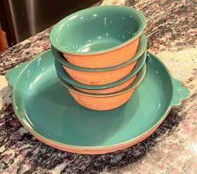Indoor Outfitters 013302102273 Vintage Clay And Green Pottery Nesting Bowls Large Plate Glazed 5pc