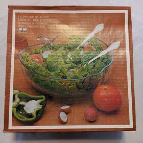 A-115 International Silver Co Salad Set Clear Glass Apple Shape With Silverplate Utensils