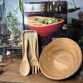 Island Bamboo 096444411113 Bamboo/bamboo Red Wood Serving Bowl With Utensil Set 14 X 5 1/2 Pre-owned