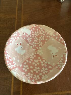 Japan 056115904707 Pair Of Vintage Japanese Style Ceramic Rice Bowl Pink And White Rabbit Design 5 Inch